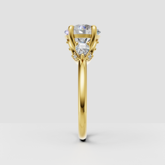 Botanical round diamond ring with leaf-inspired prongs
