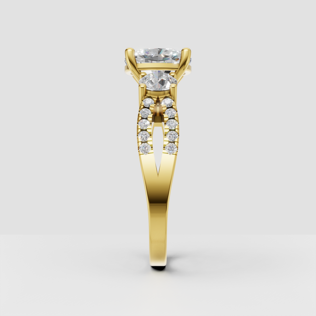 Cushion diamond engagement ring with round side stones