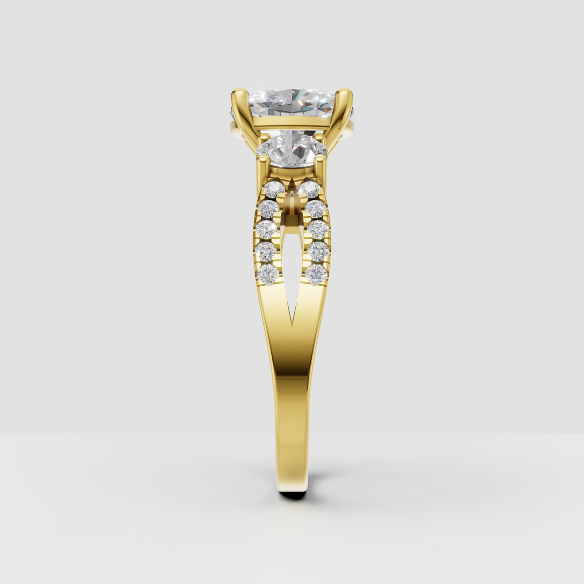 Cushion diamond engagement ring with round side stones