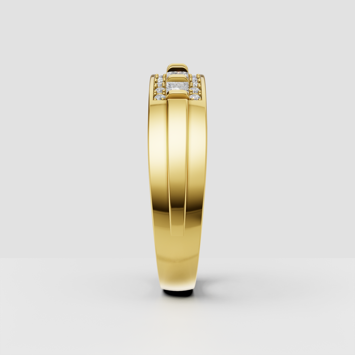 Princess and round diamond wide band ring in polished yellow gold