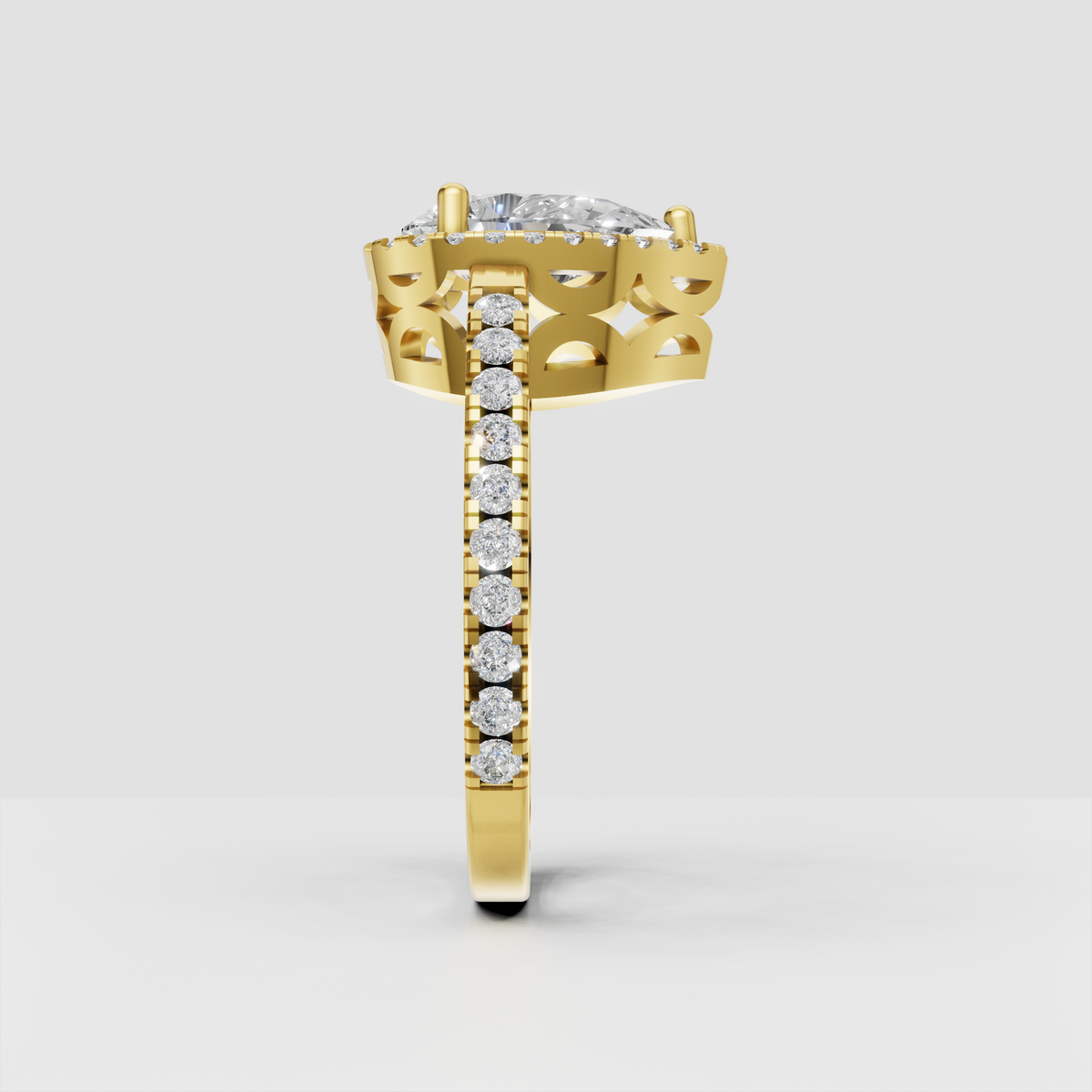 Elegant pear diamond halo ring with pavé band