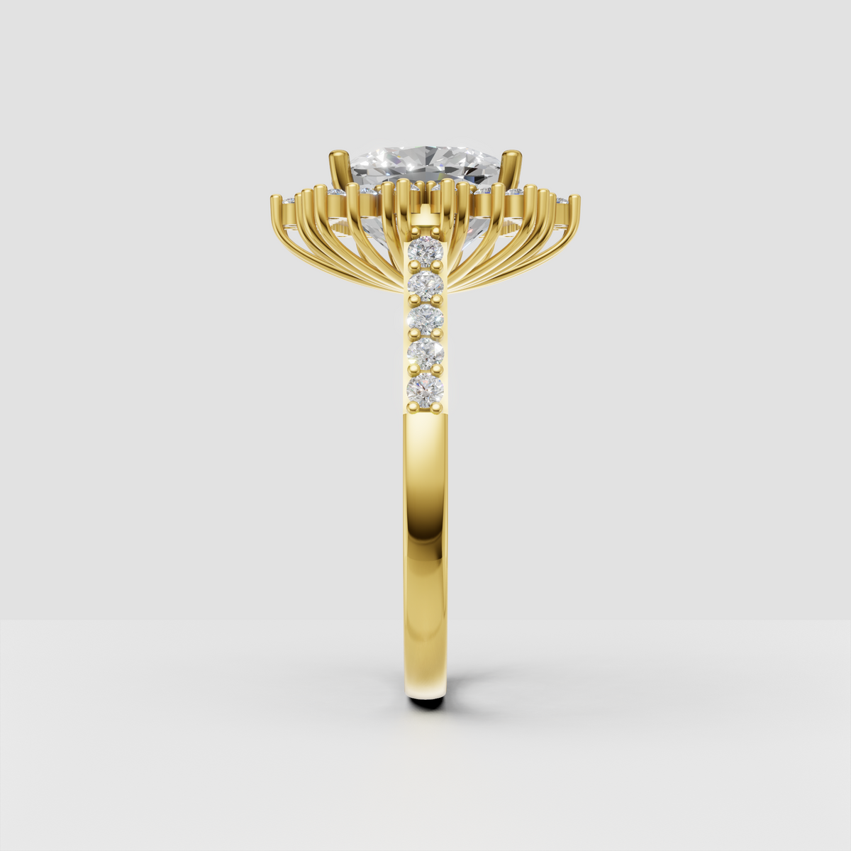 Yellow gold cushion diamond halo engagement ring front view