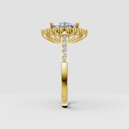 Yellow gold cushion diamond halo engagement ring front view