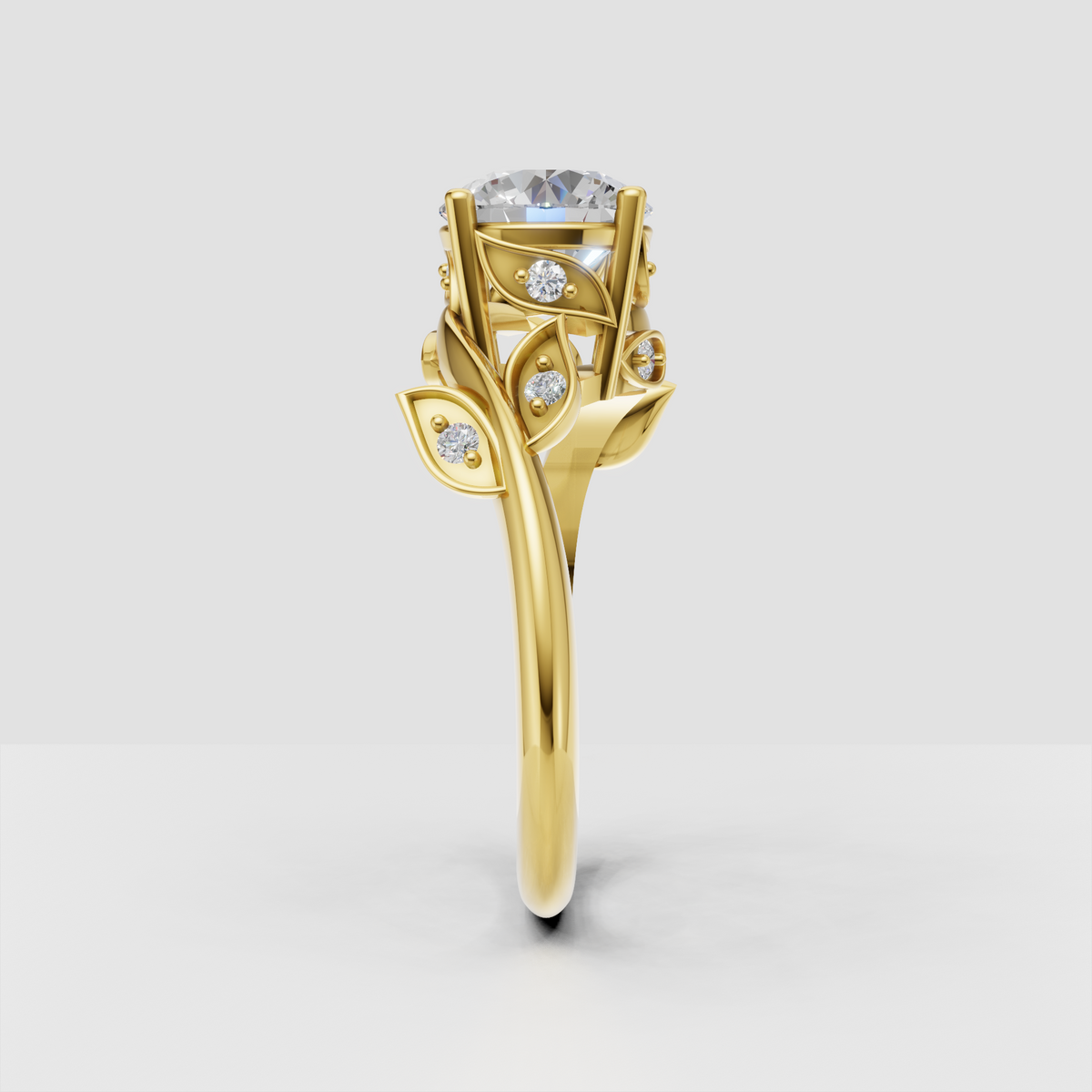 Round brilliant diamond ring with botanical gold design
