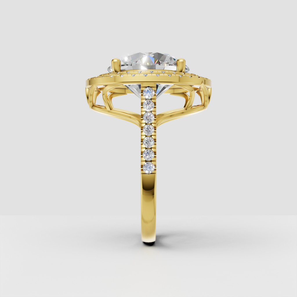 Round diamond halo ring with pave set shoulders