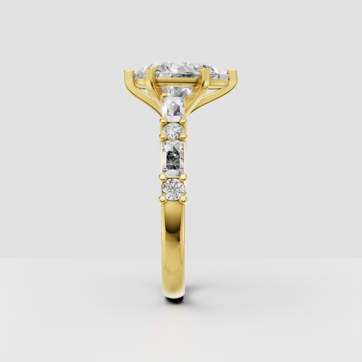 Pear shaped diamond ring with round and baguette accent stones