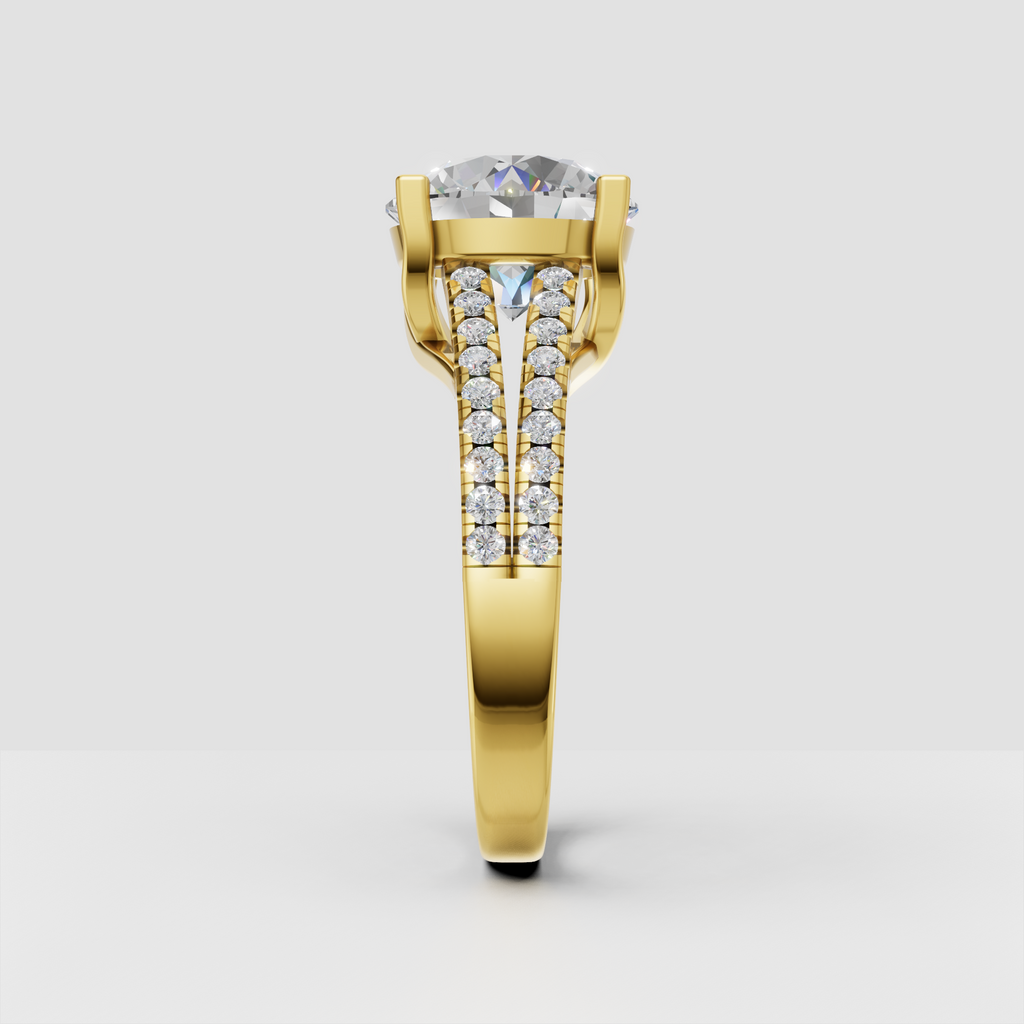 Round center diamond engagement ring with sparkling split shank band