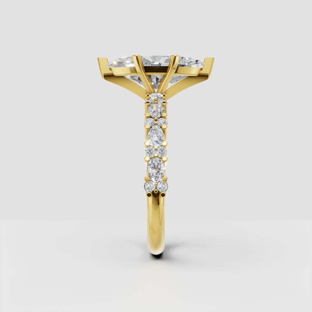Elongated marquise cut diamond ring with prong setting and accent diamonds