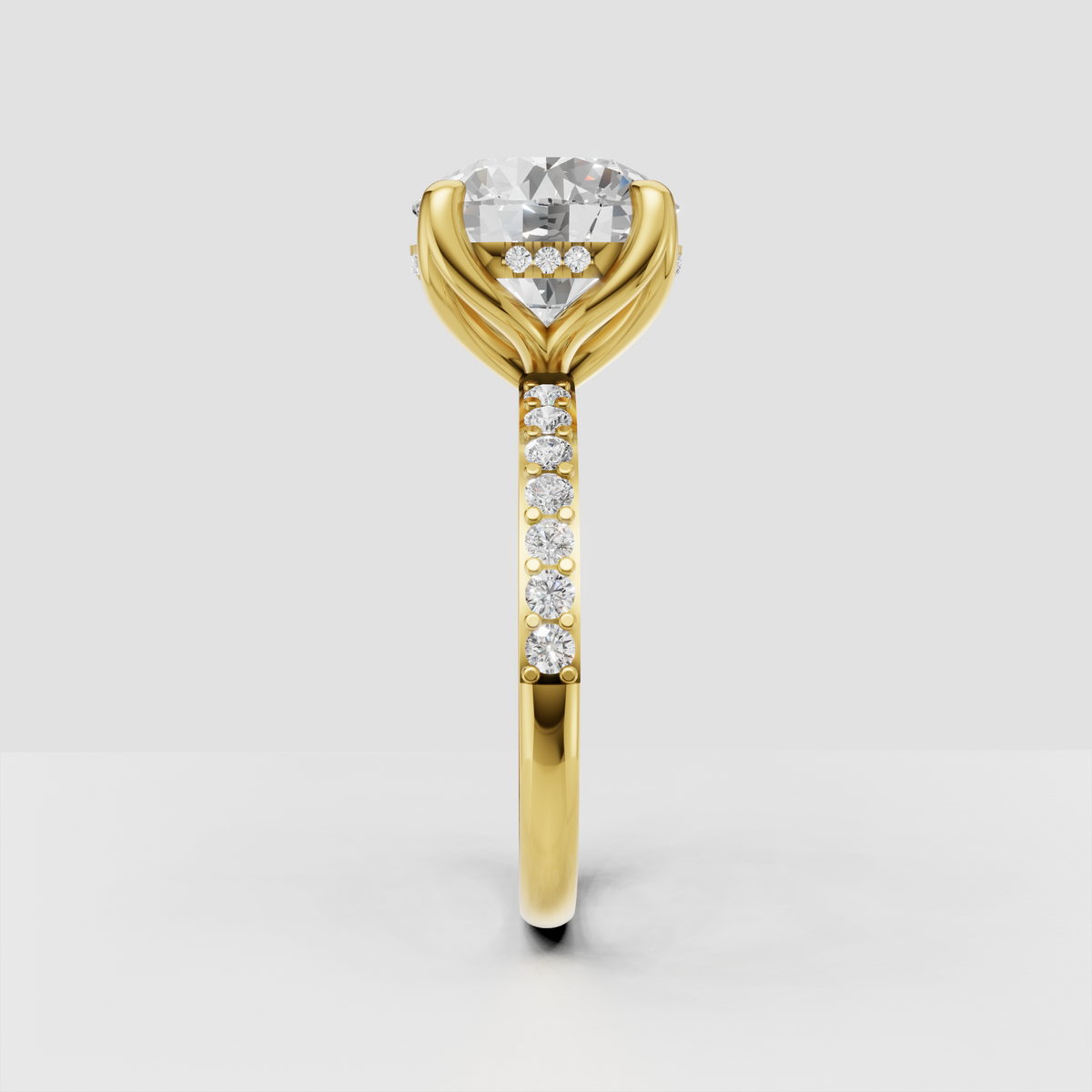 Yellow gold round Diamond engagement ring with cathedral-style setting