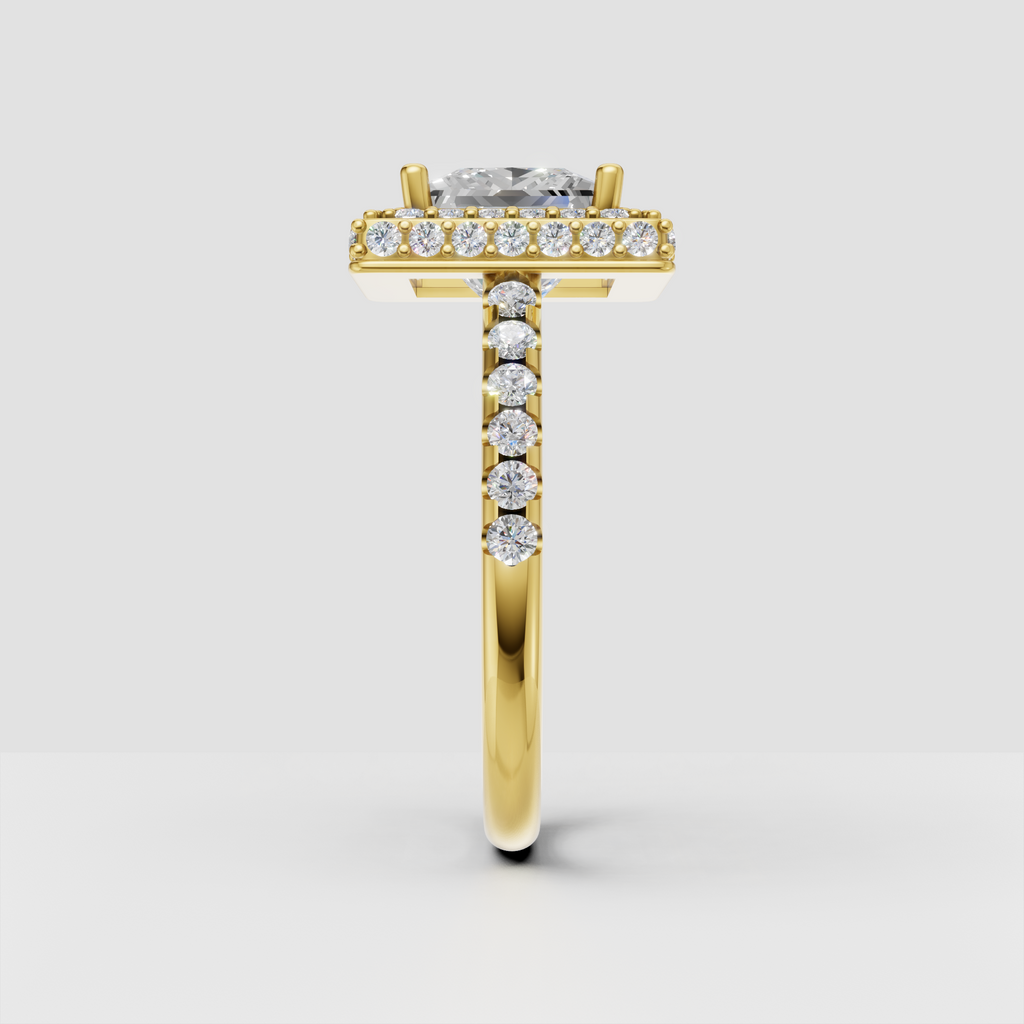 Princess diamond engagement ring with round diamond halo