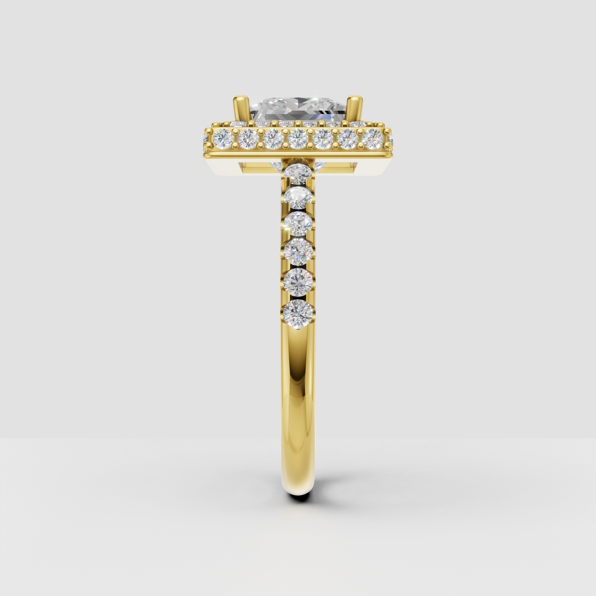 Princess diamond engagement ring with round diamond halo