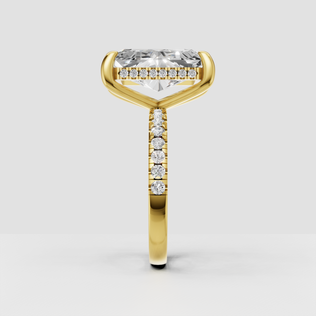 Radiant Diamond ring featuring four prongs and hidden halo detail