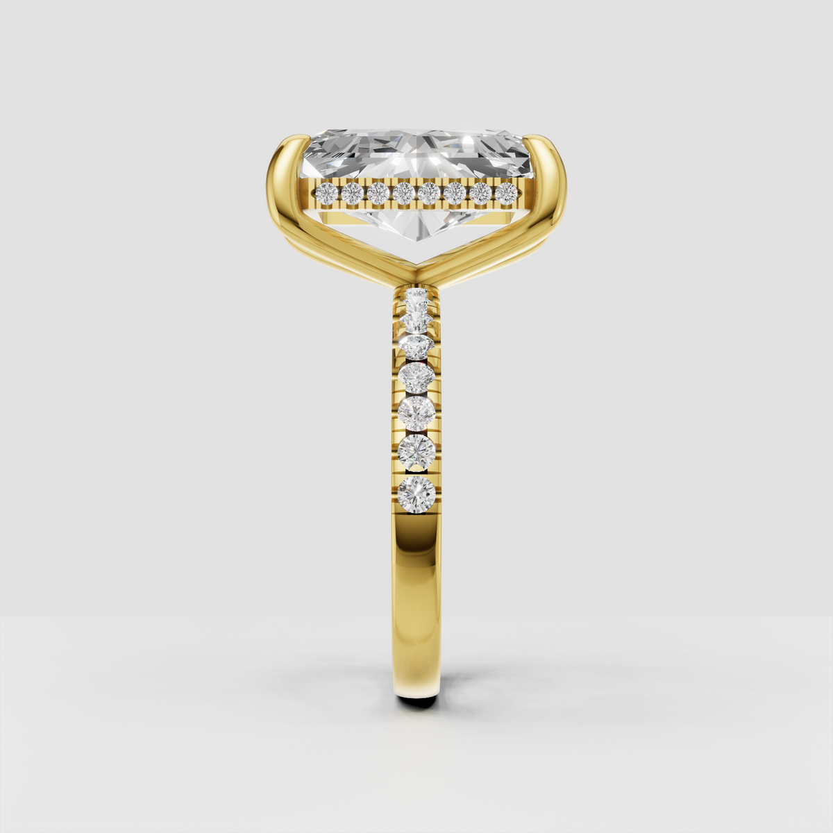 Radiant Diamond ring featuring four prongs and hidden halo detail