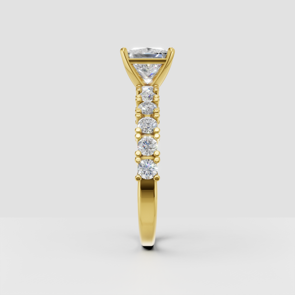 Square princess cut engagement ring with round side diamonds