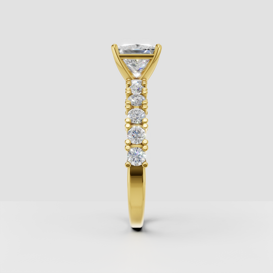 Square princess cut engagement ring with round side diamonds