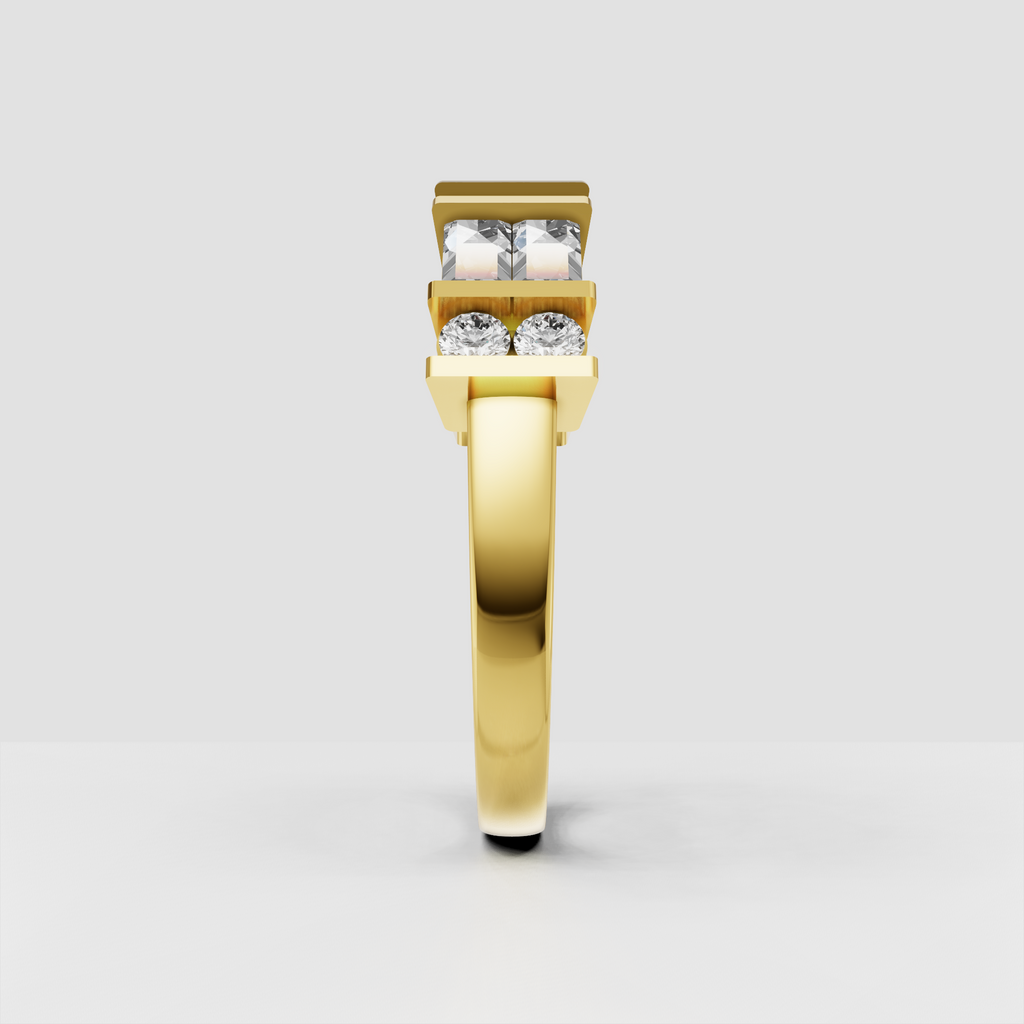 Modern baguette diamond wedding band with round diamond accents