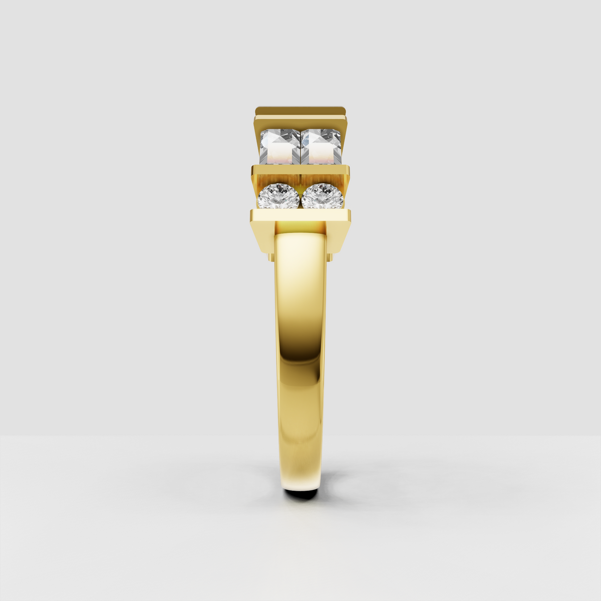 Modern baguette diamond wedding band with round diamond accents