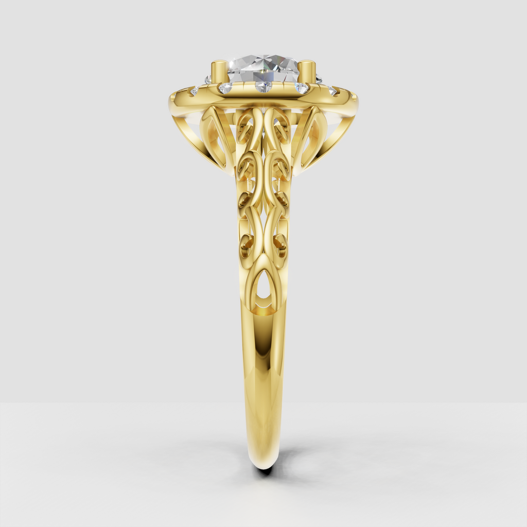 Round diamond engagement ring with sparkling halo and filigree band