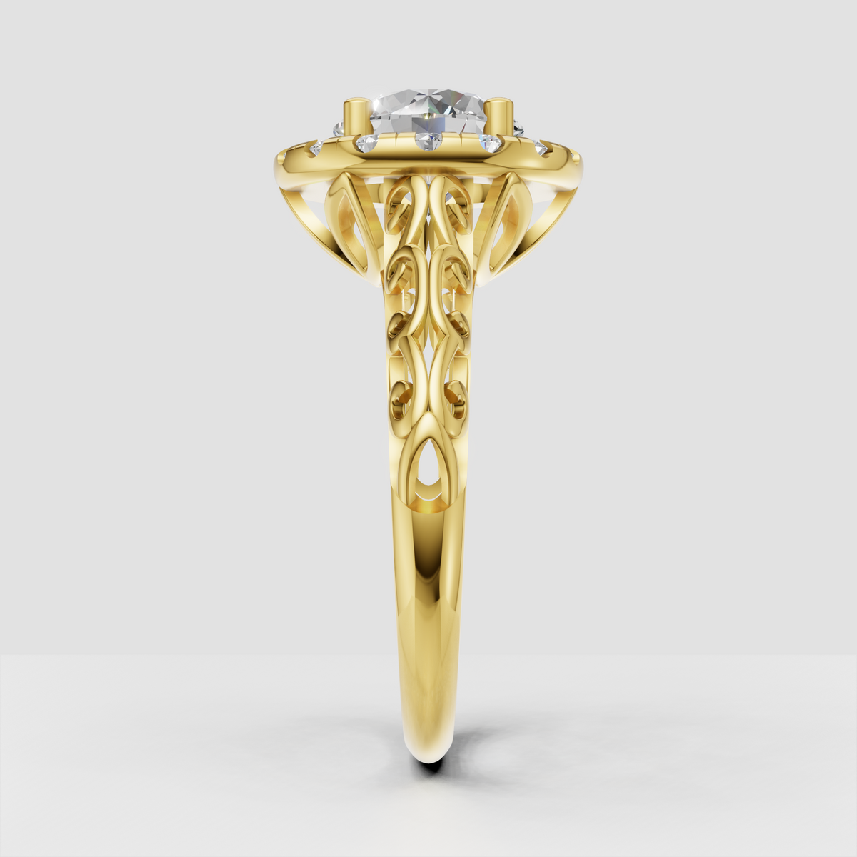 Round diamond engagement ring with sparkling halo and filigree band