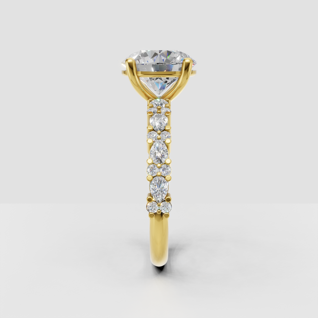 Round diamond engagement ring featuring delicate shoulder accents