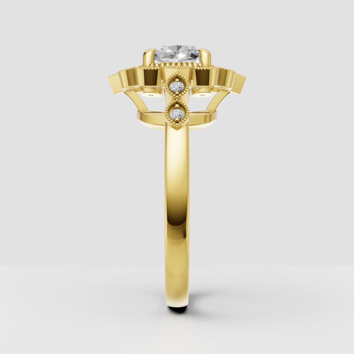 Cushion cut diamond engagement ring with round accents