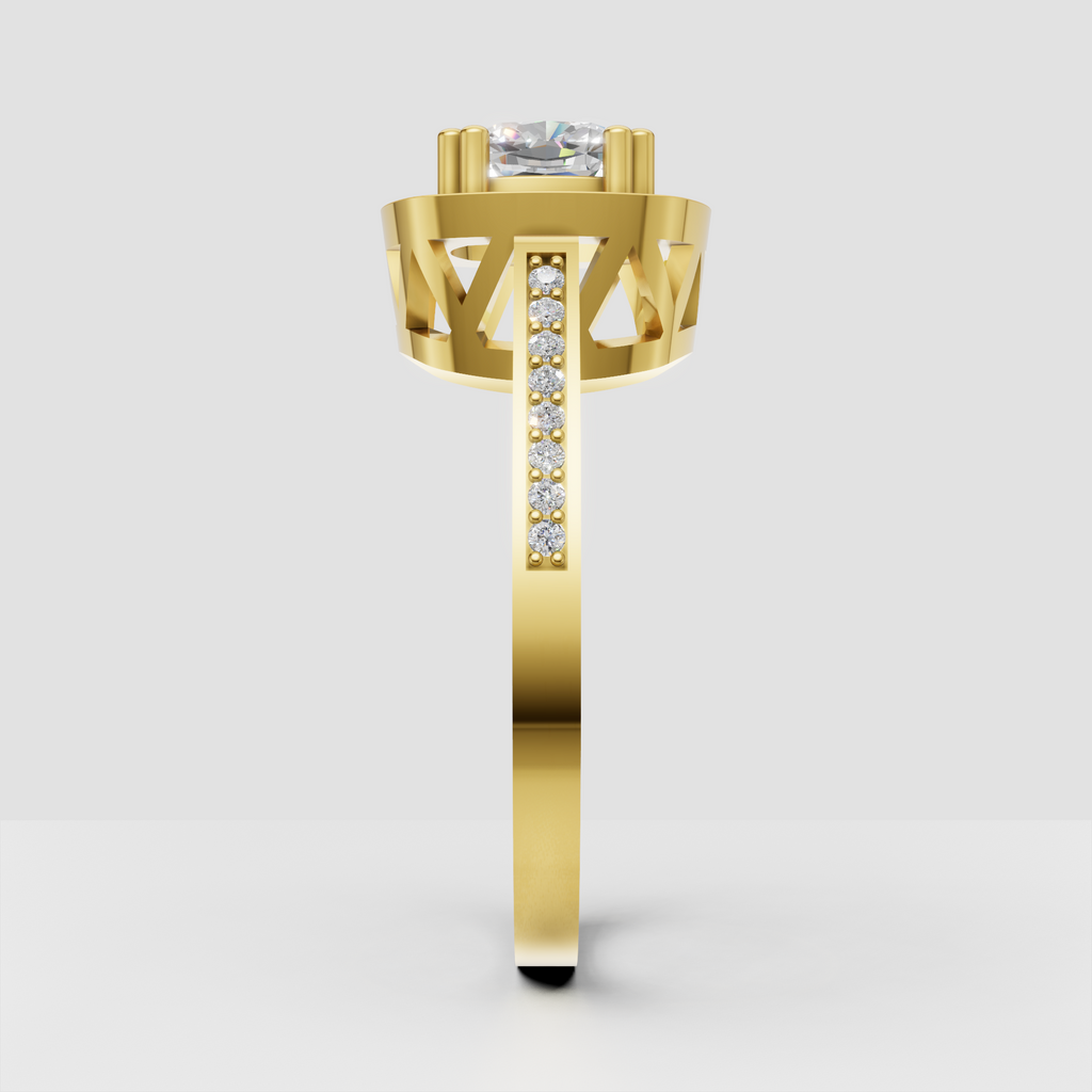 Yellow gold cushion cut diamond engagement ring with pave shoulders