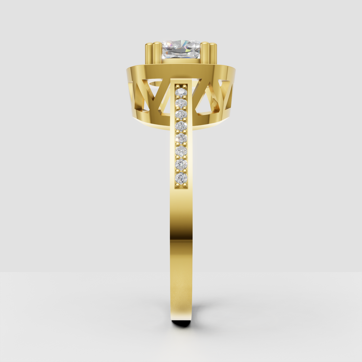 Yellow gold cushion cut diamond engagement ring with pave shoulders