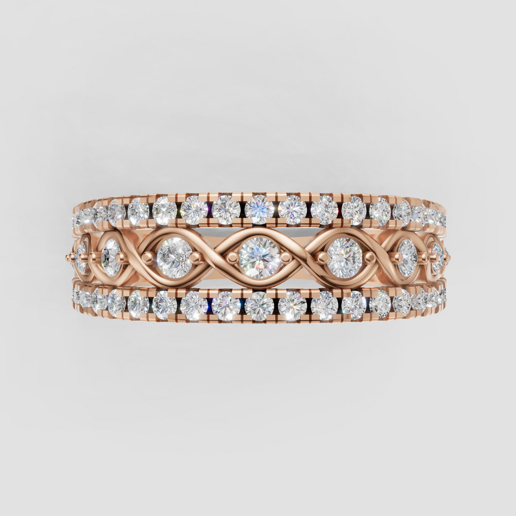 Wide diamond ring with double rows of round stones and gold detailing