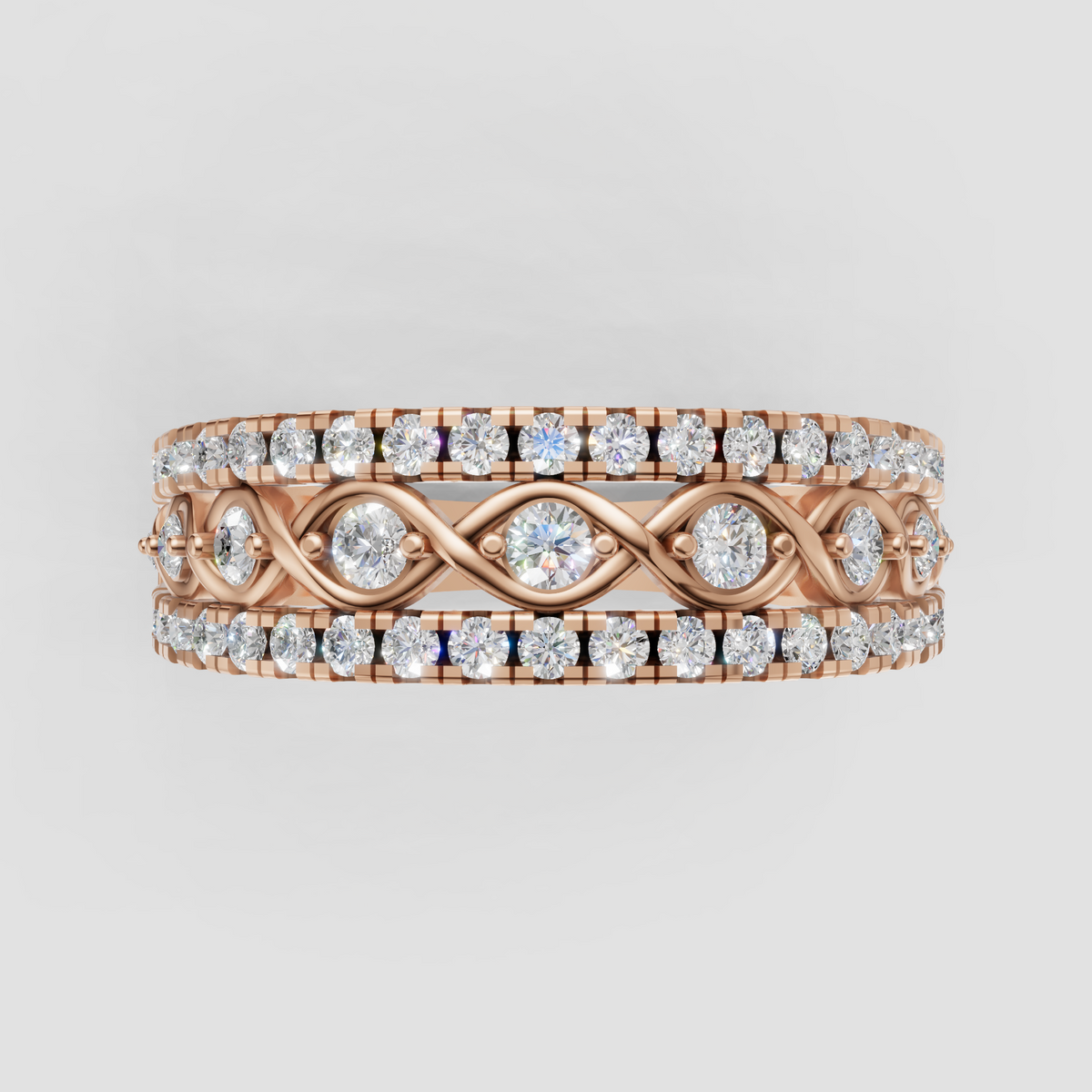 Wide diamond ring with double rows of round stones and gold detailing