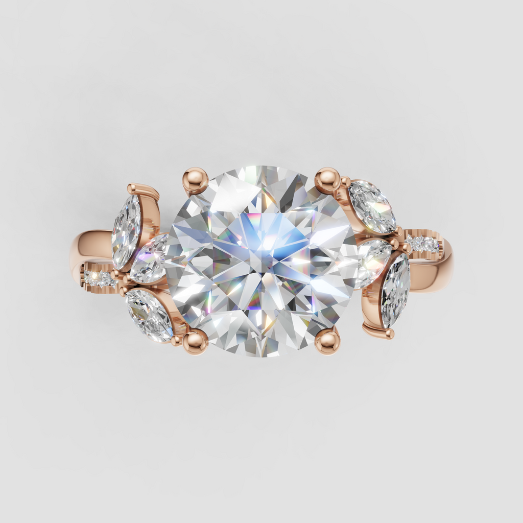 Luxury round cut diamond ring with marquise-shaped side stones
