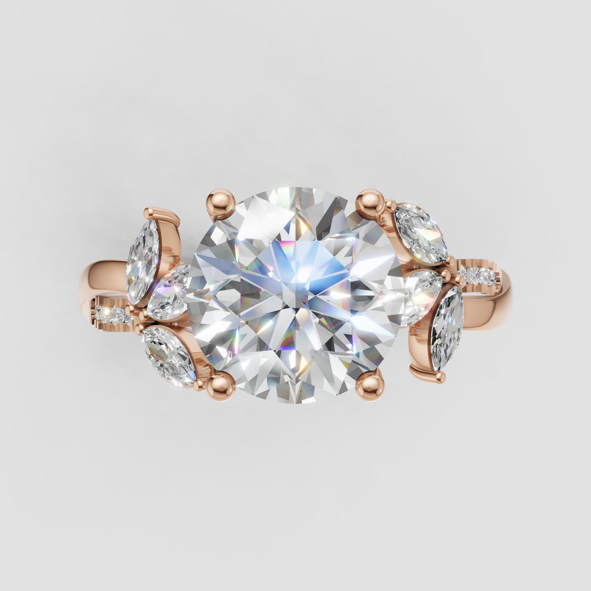 Luxury round cut diamond ring with marquise-shaped side stones