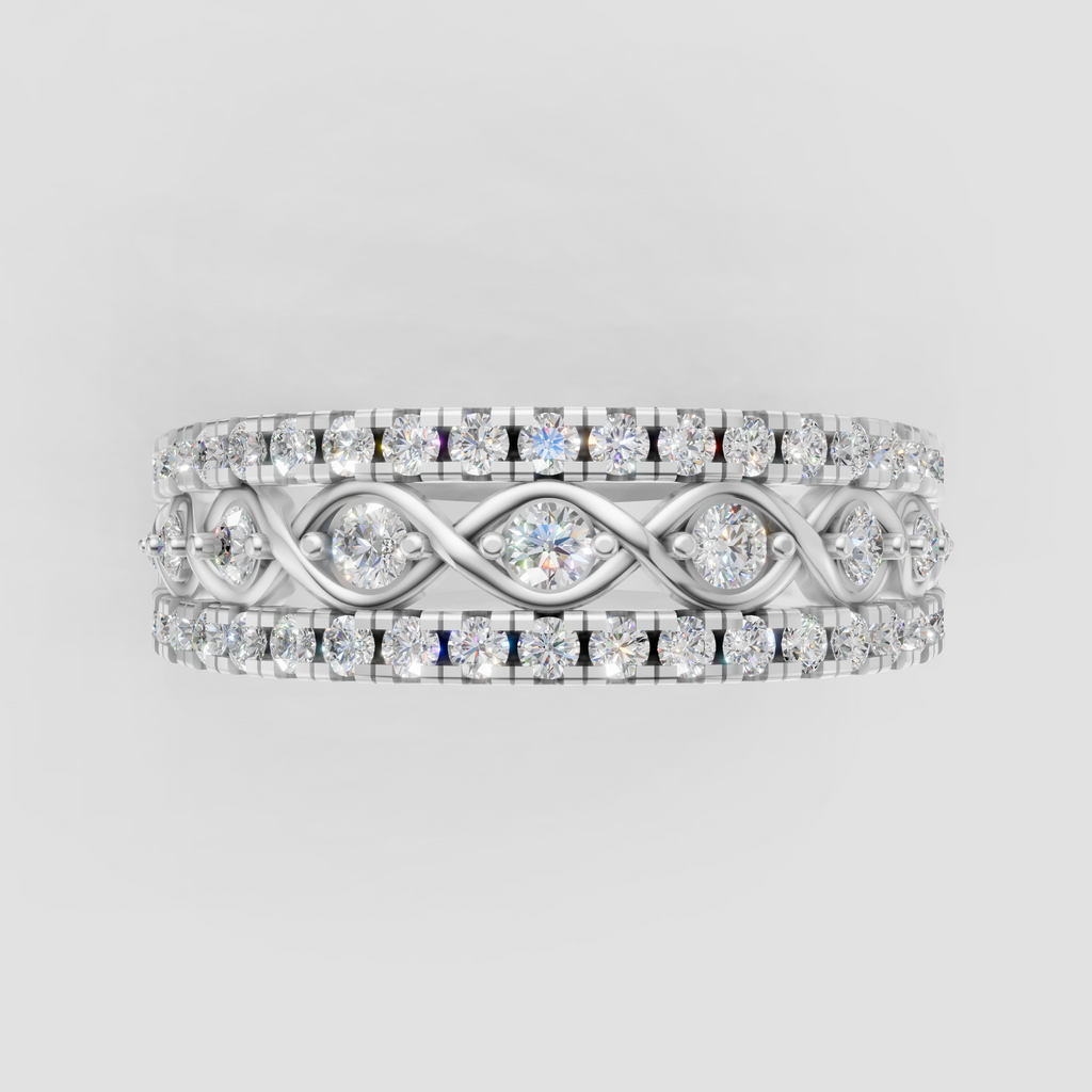 Wide yellow gold wedding ring with round diamonds and intricate crossover design