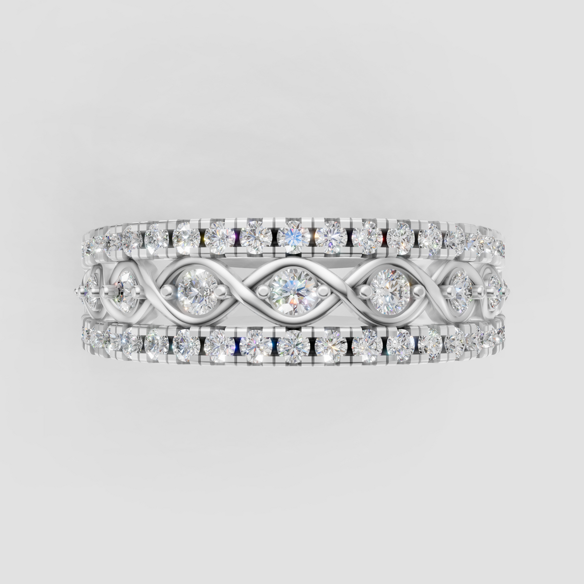 Wide yellow gold wedding ring with round diamonds and intricate crossover design