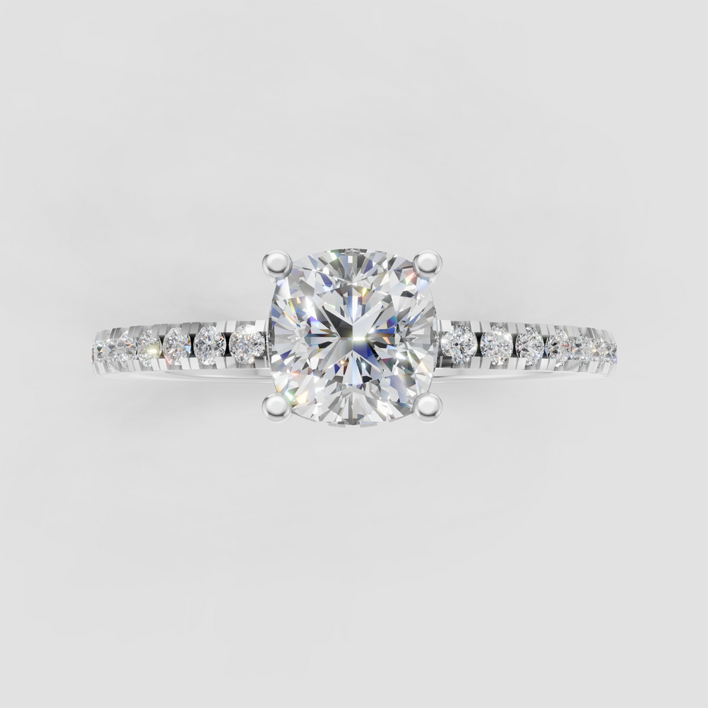 Yellow gold cushion cut engagement ring with concealed diamond halo