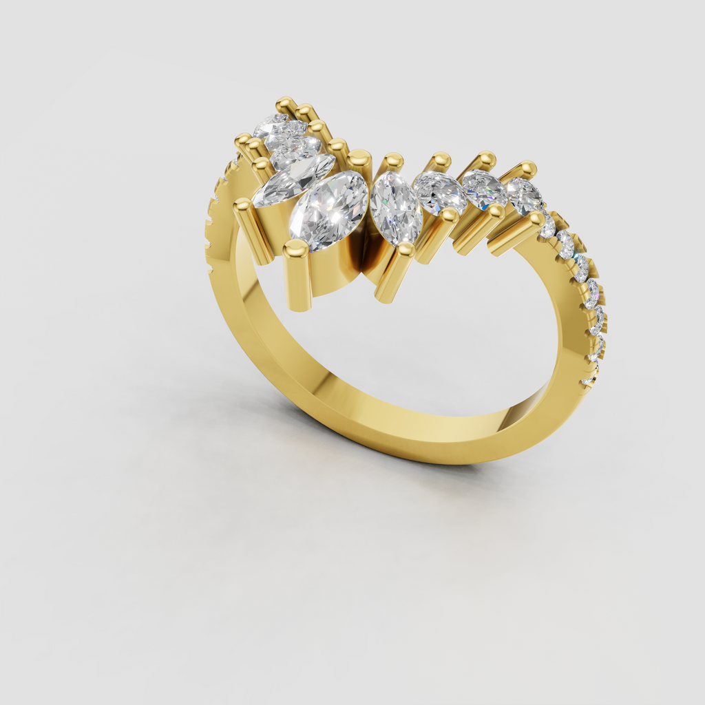 Curved yellow gold wedding band with marquise diamond