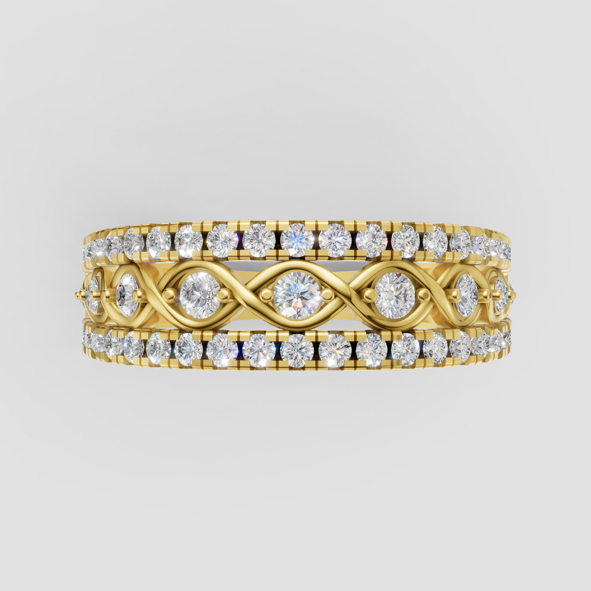 Diamond band ring with double pavé rows and woven center design