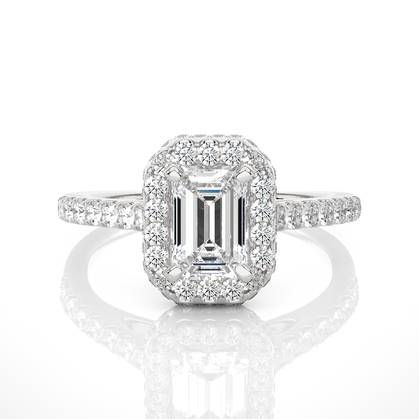 2 Carat Emerald Cut Lab Grown Diamond Halo Ring in Vermeil Gold | Moissanite Engagement Ring for Women