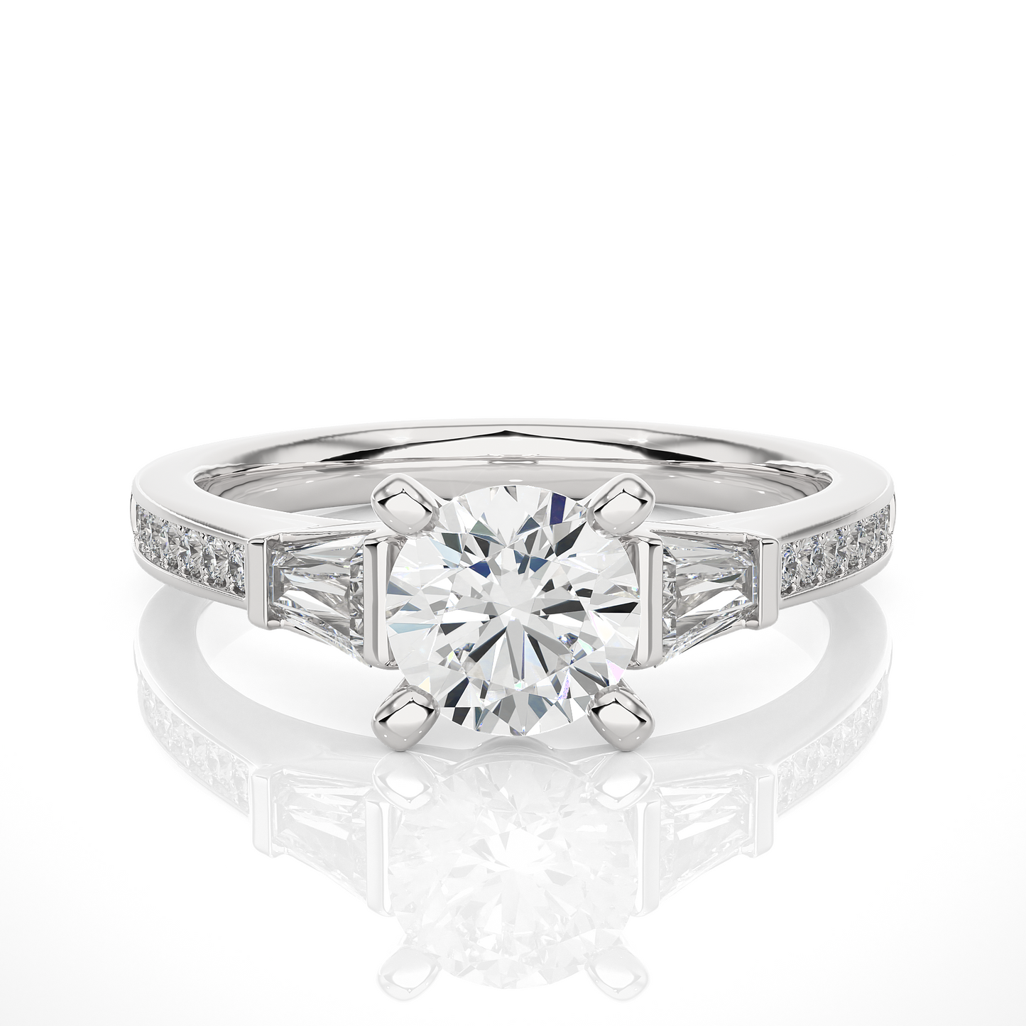 Round Diamond Three Stone Engagement Ring With Baguette Side Stones