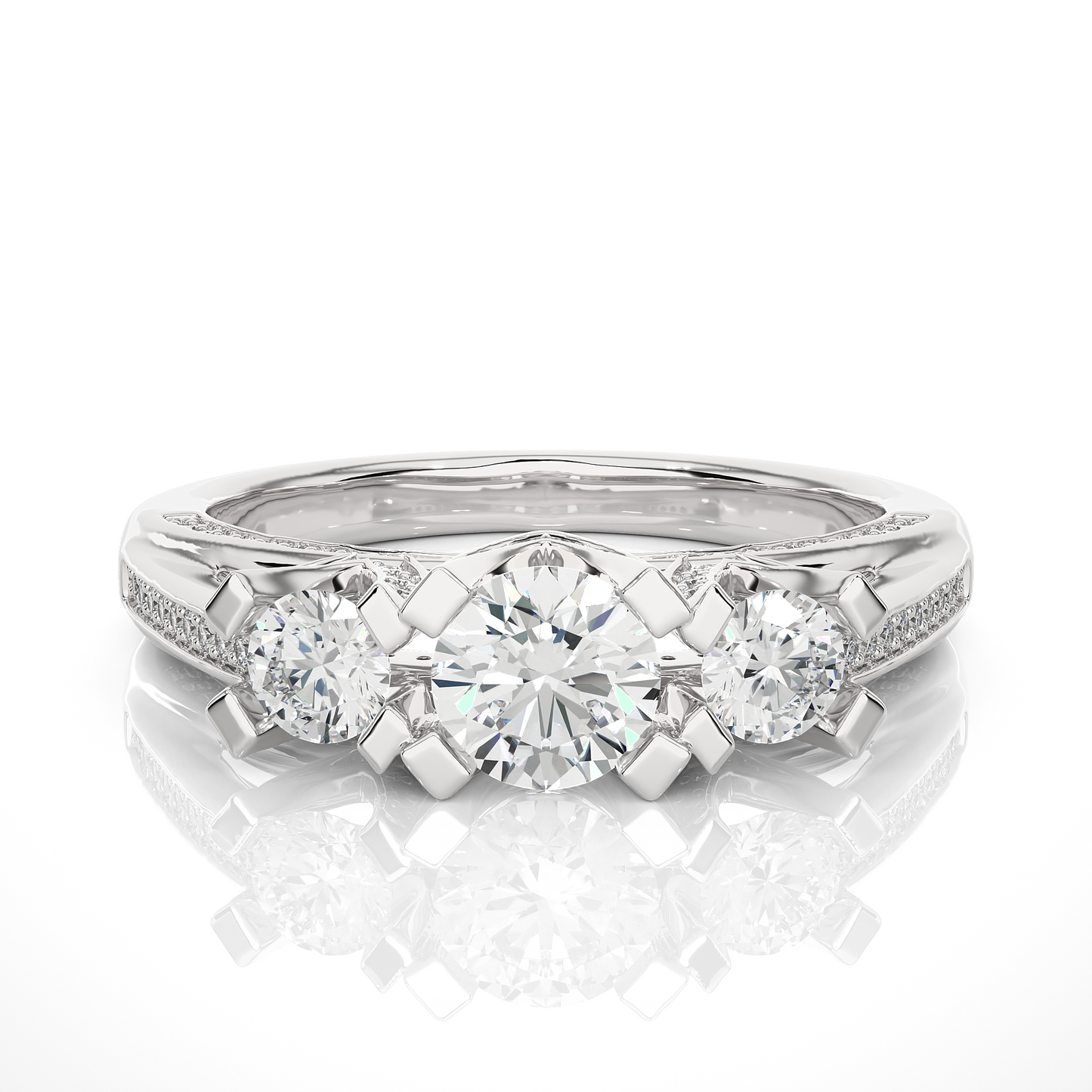 Three Stone Diamond Hidden Halo Engagement Ring