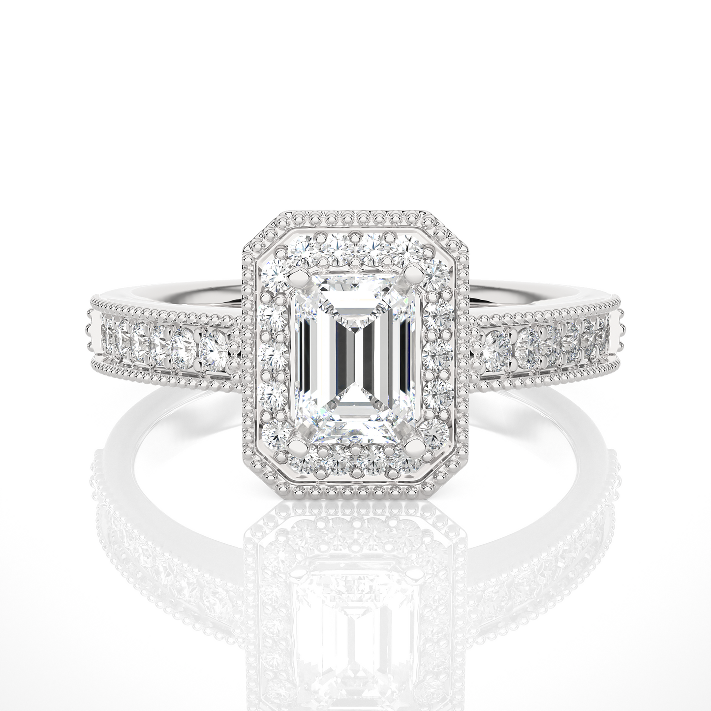 Emerald Cut Halo Vermeil Moissanite Lab Diamond Ring