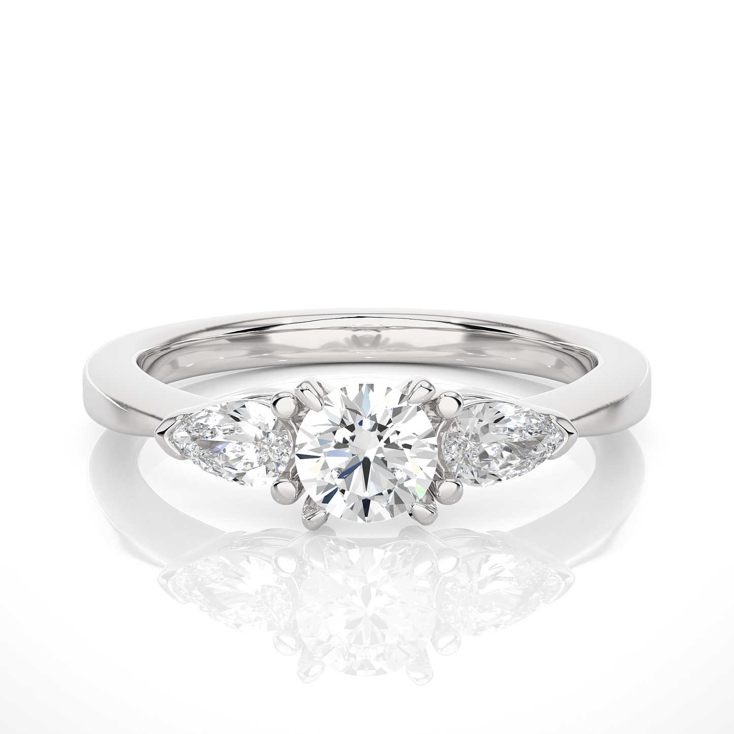 Three Stone Round Lab & Moissanite Diamond Engagement Ring With Pear Side Stones