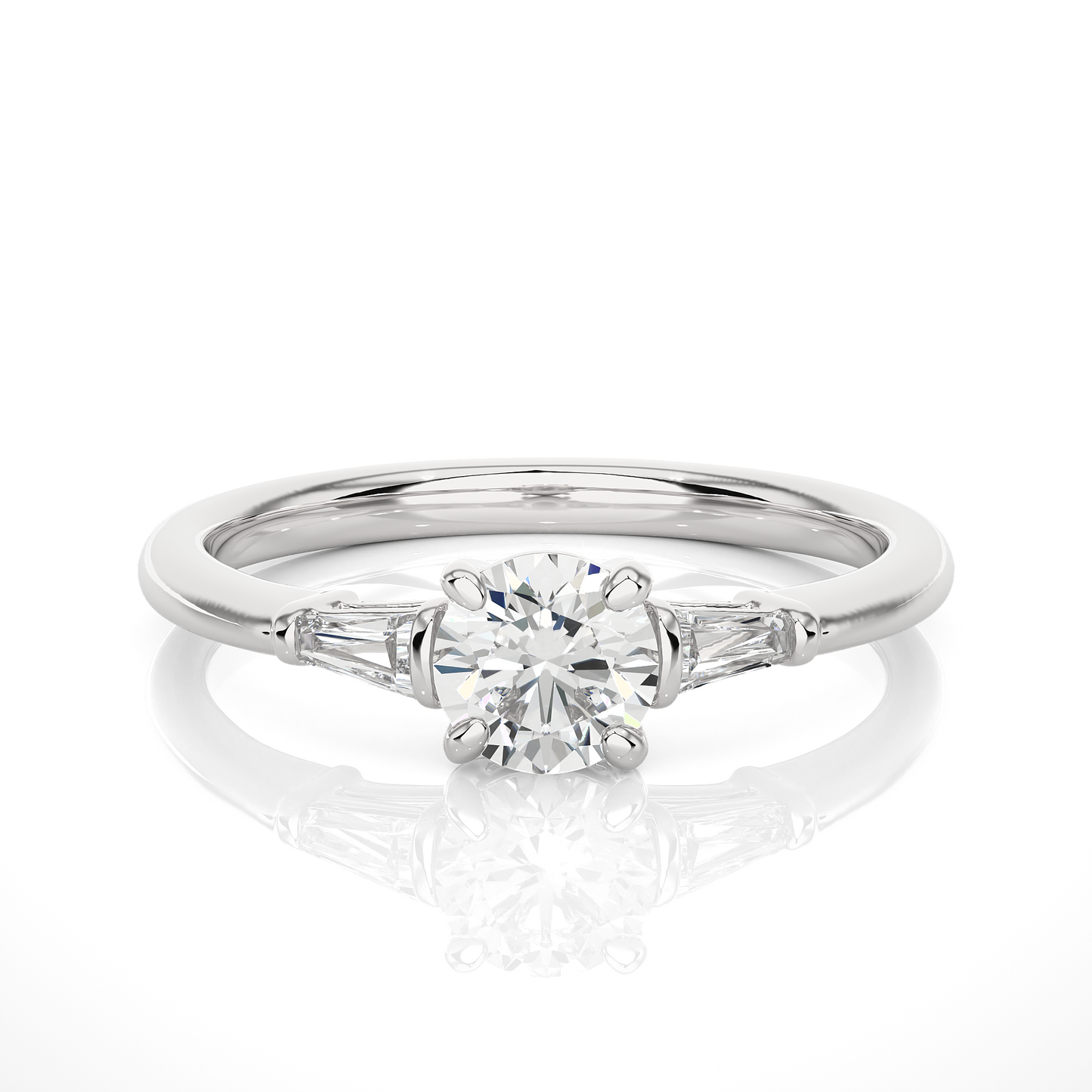 Round Lab / Moissanite Diamond With Tapered Baguette Three Stone Ring