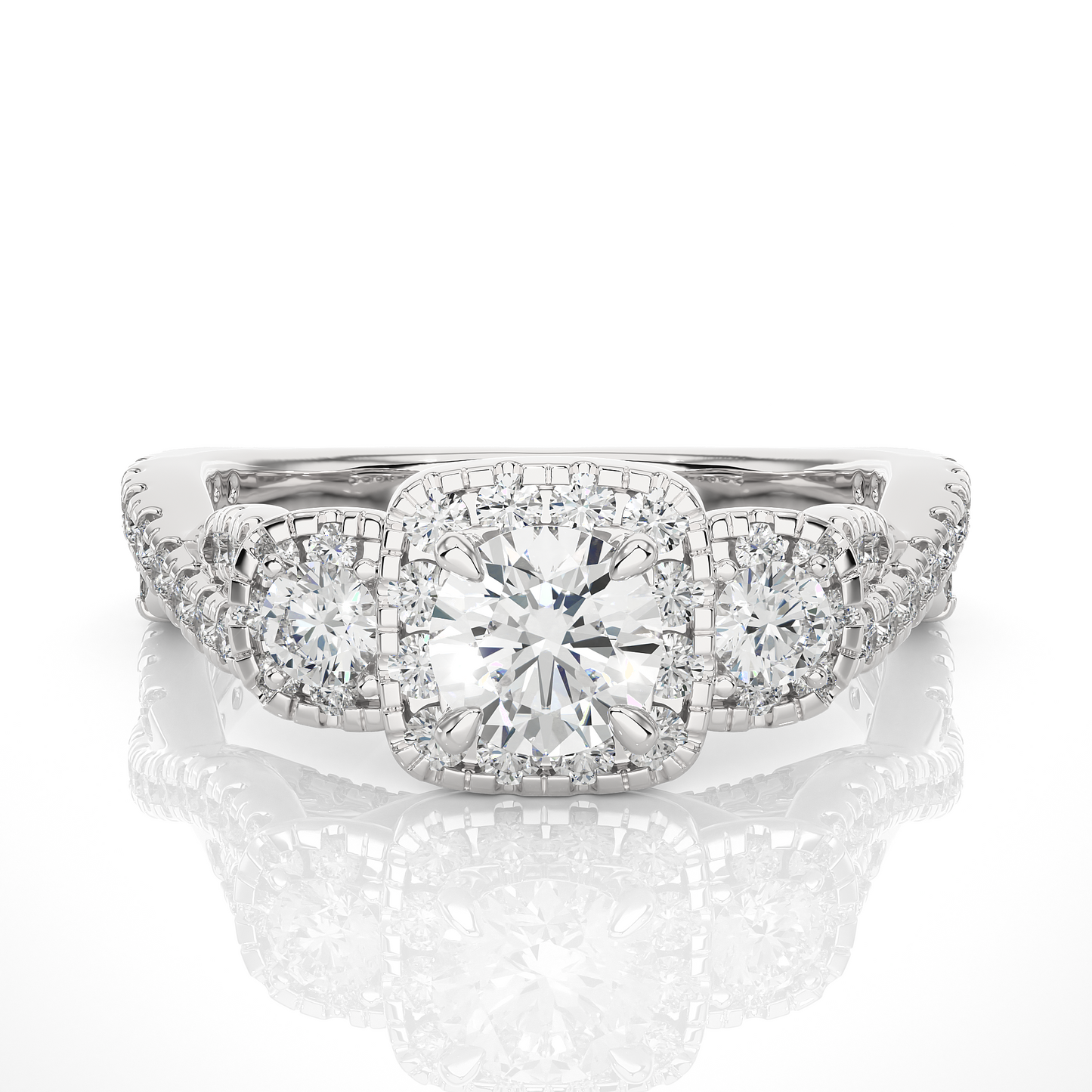 Lab & Moissanite Diamond Halo Three Stone Engagement Ring