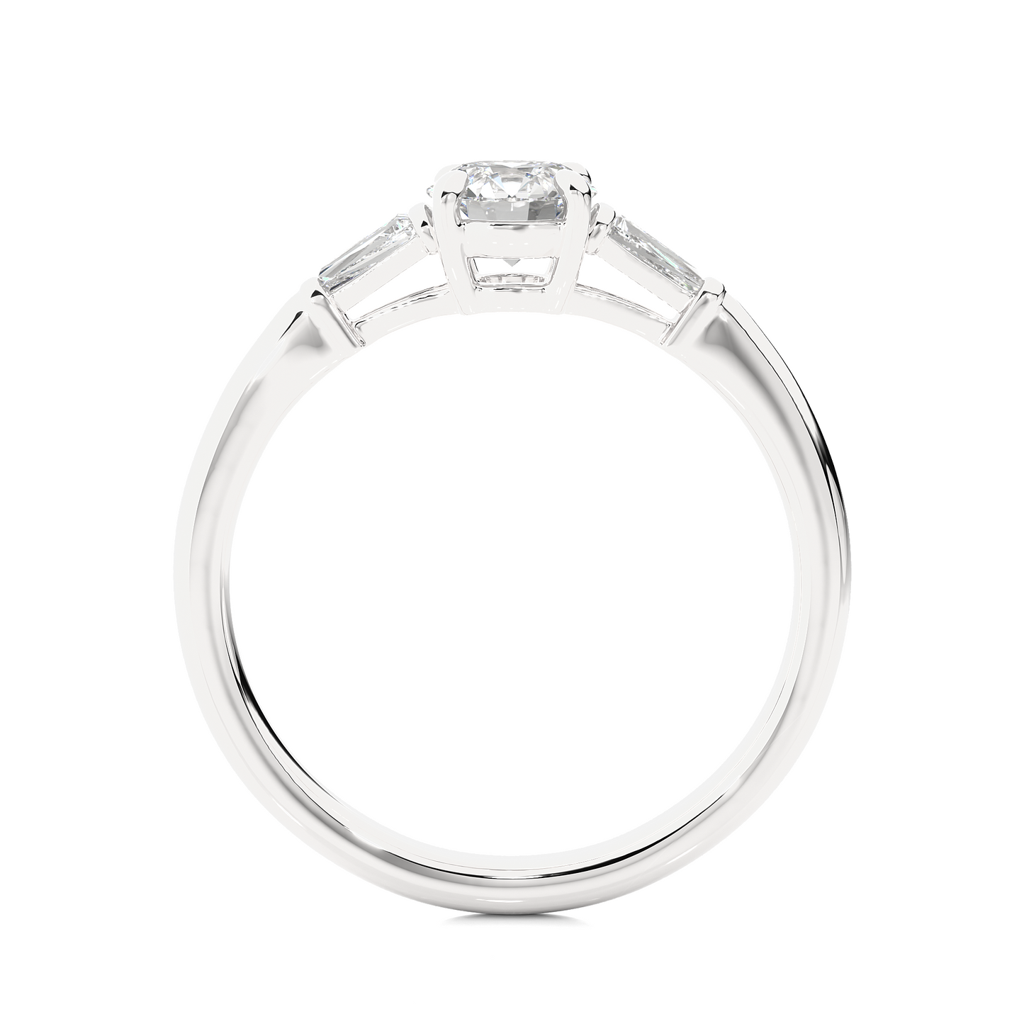 Round Lab / Moissanite Diamond With Tapered Baguette Three Stone Ring