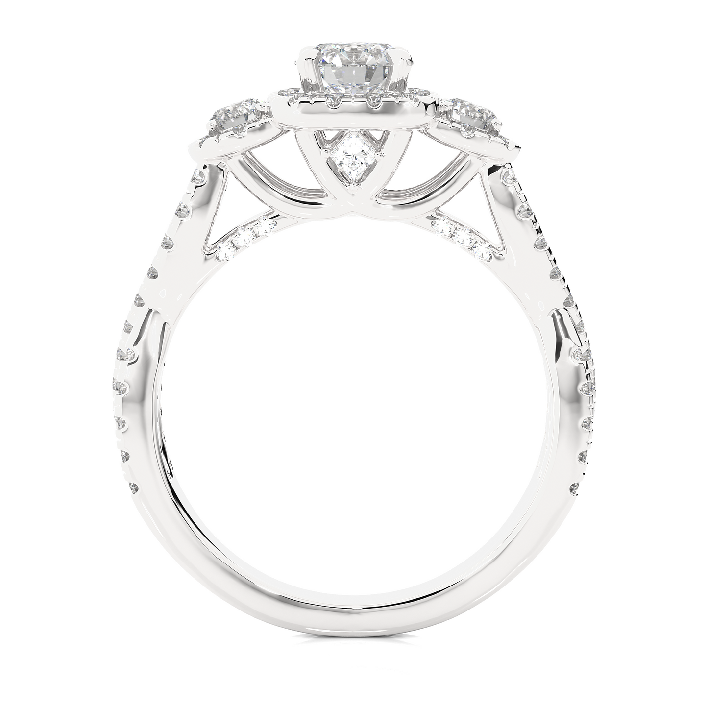 Lab & Moissanite Diamond Halo Three Stone Engagement Ring