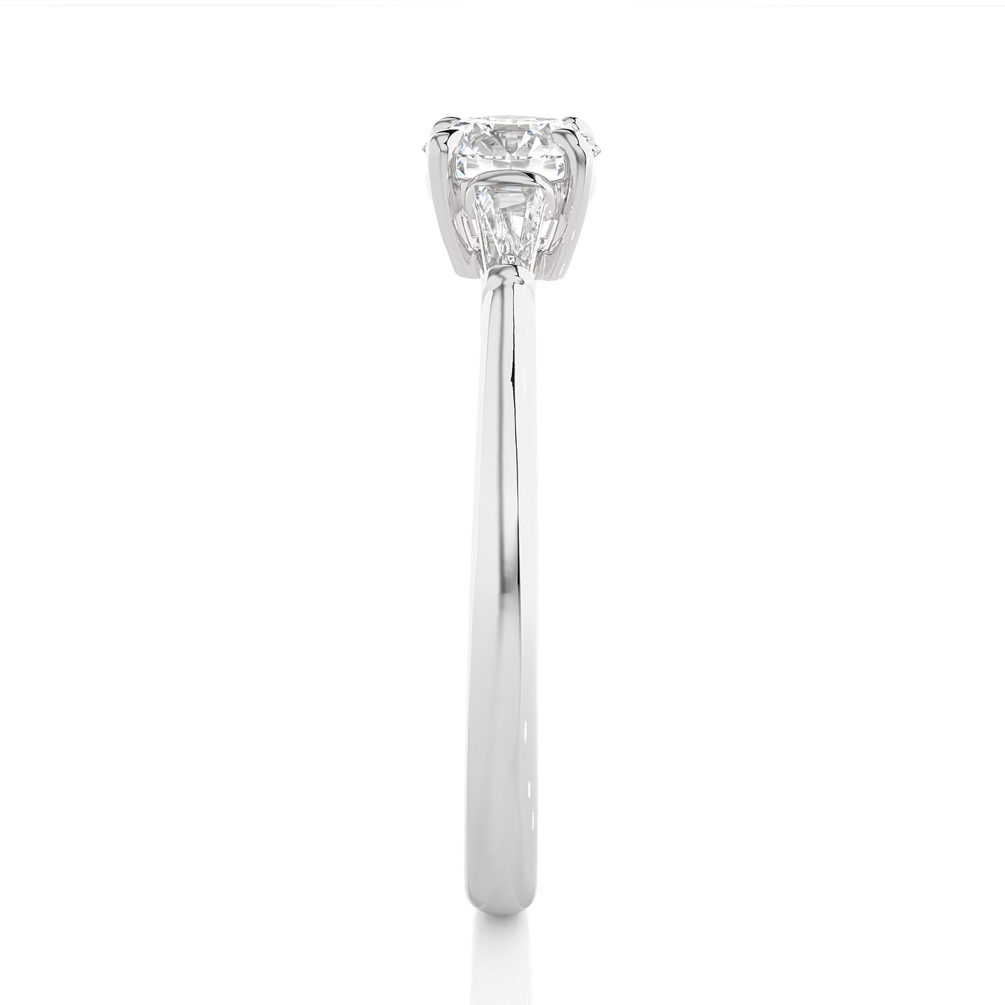 Round Lab / Moissanite Diamond With Tapered Baguette Three Stone Ring