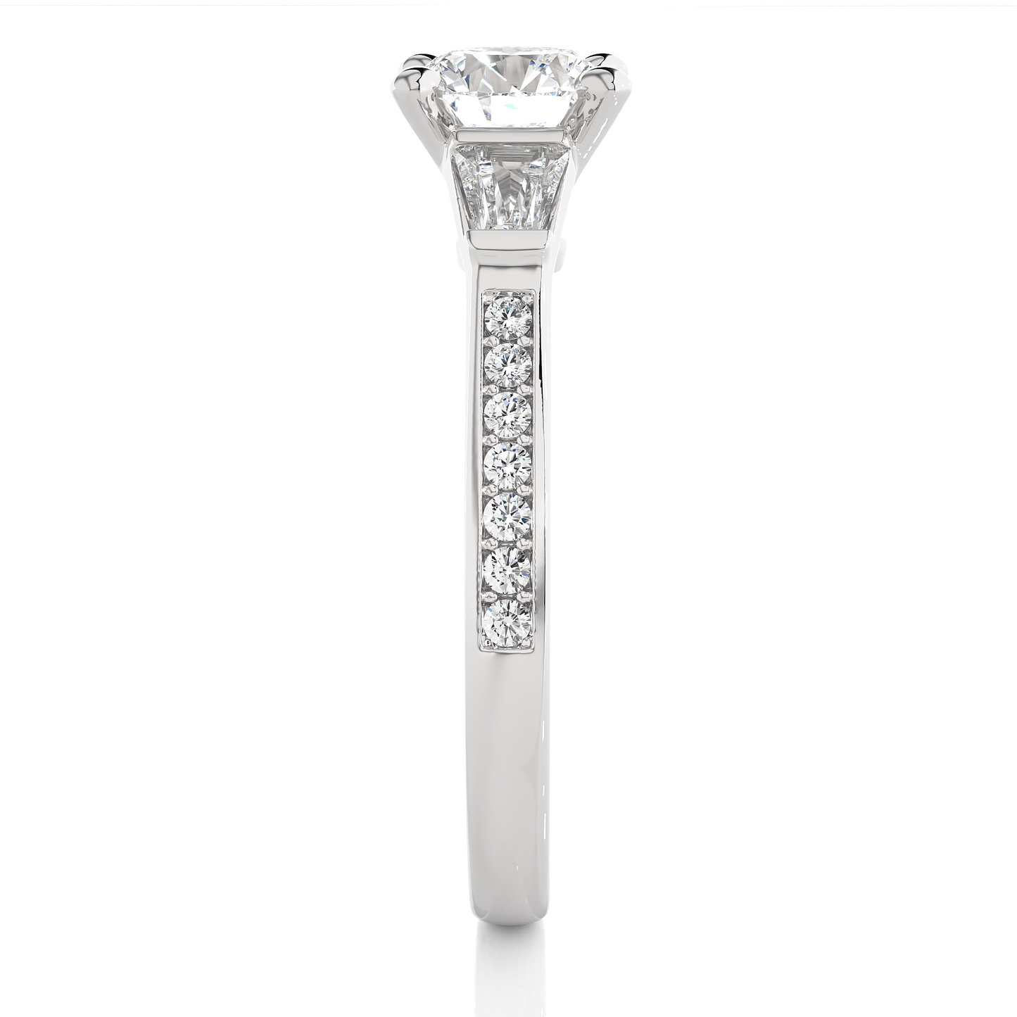 Round Diamond Three Stone Engagement Ring With Baguette Side Stones