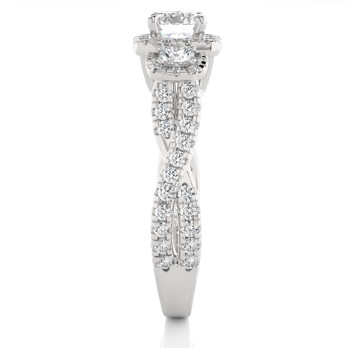 Lab & Moissanite Diamond Halo Three Stone Engagement Ring