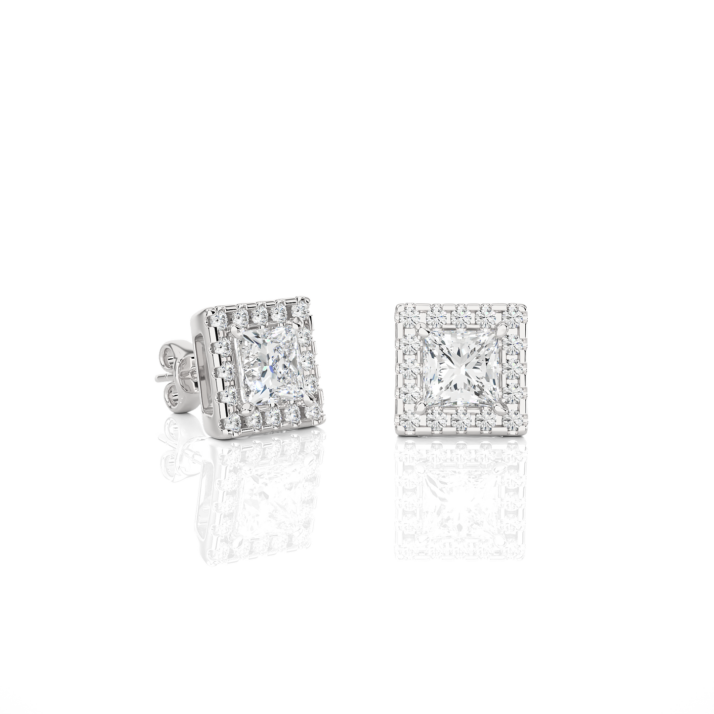 Vermeil Princess Halo Moissanite Lab Diamond Luxury Stud Earrings