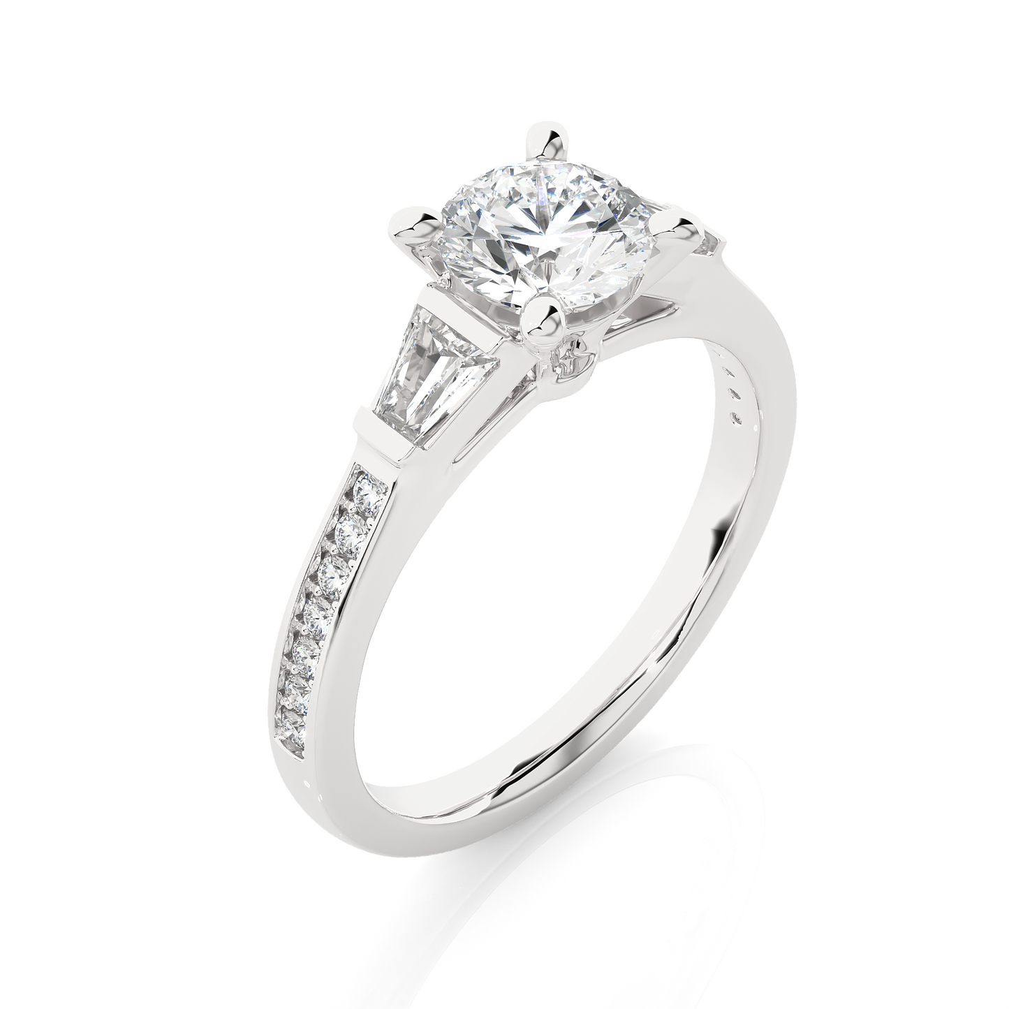 Round Diamond Three Stone Engagement Ring With Baguette Side Stones